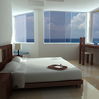Render de una recámara con vista al mar.